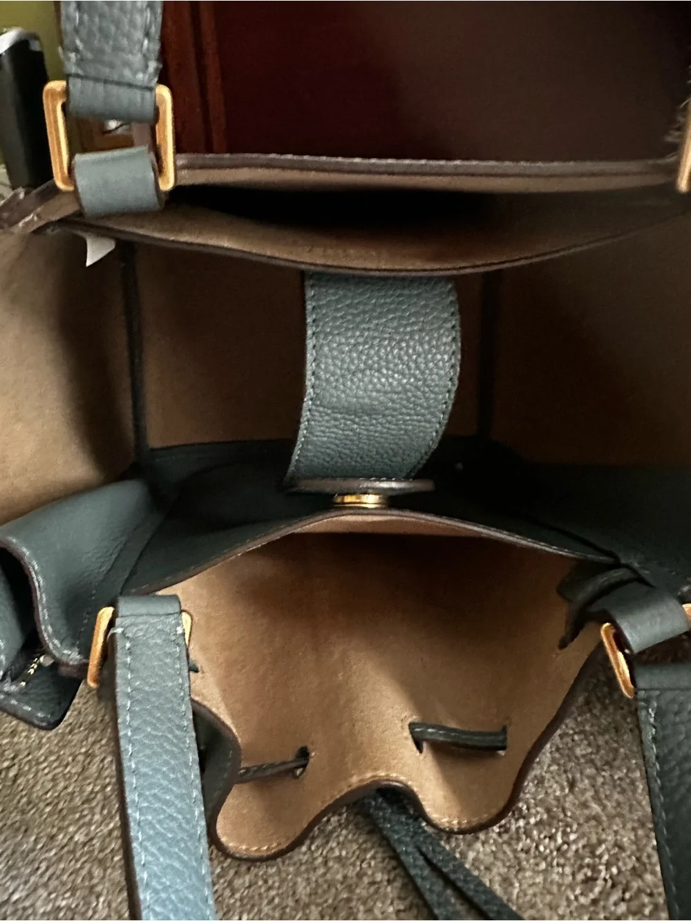 Tory Burch Slate Blue Leather & Suede Drawstring Bucket Crossbody
